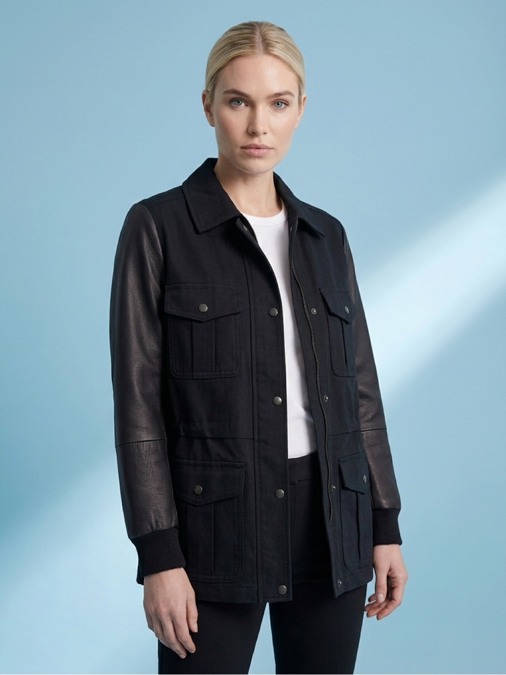 CLUB MONACO MILITARY BLACK LAMB LEATHER CANVAS MIXED-MEDIA JACKET GORP-CORE NWOT